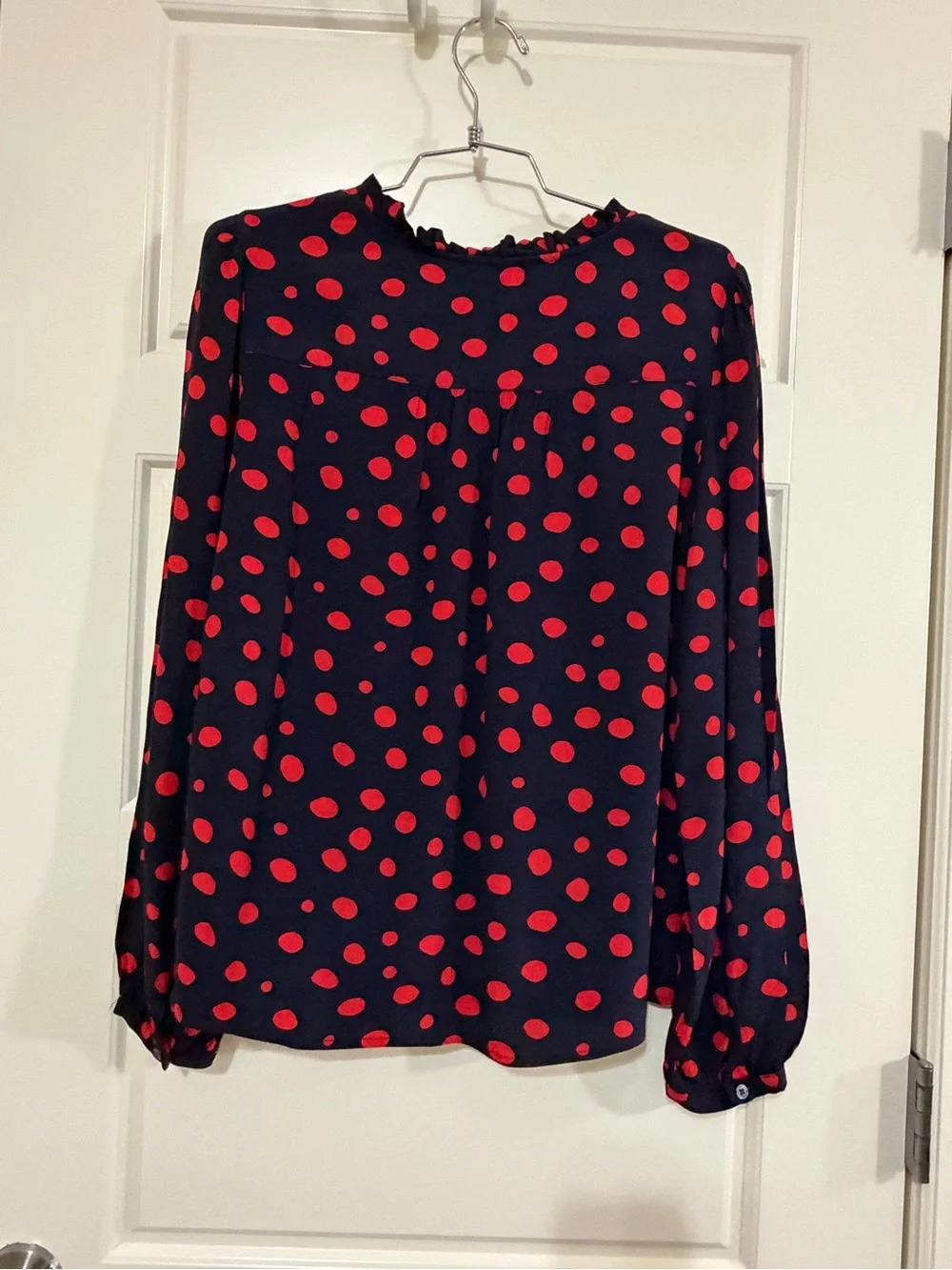 LOFT Navy Blouse with Red Polka Dot Print